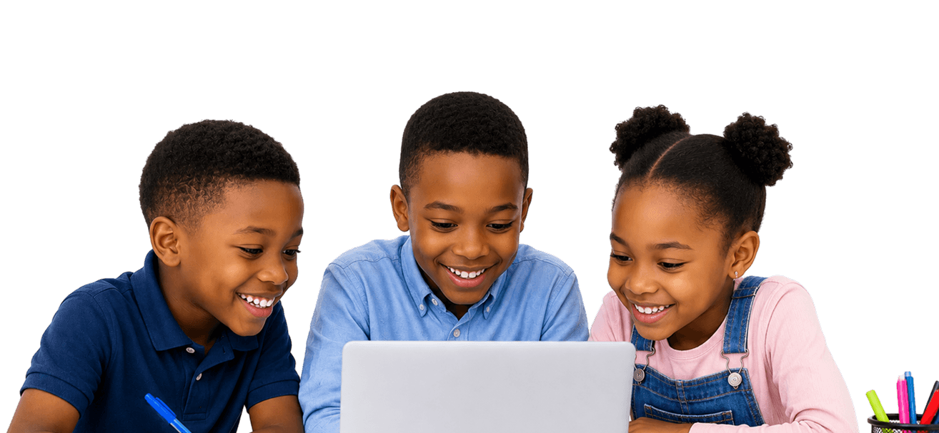Three kids learning together on a laptop
